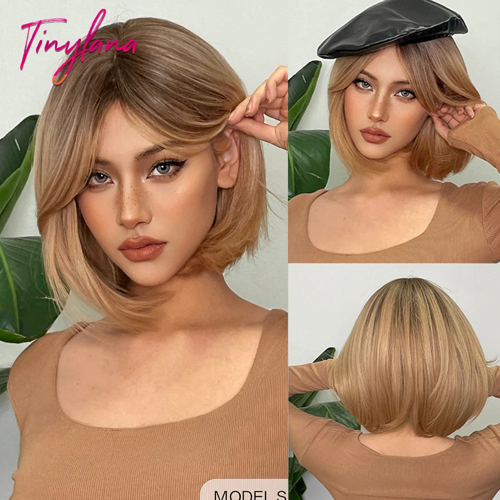 

Bob Light Brown Blonde Ombre Synthetic Wigs with Bangs Short Straight Golden Hair Wigs for Women Cosplay Use Afro Heat Resistant