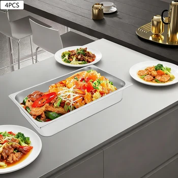Quattro piatti in acciaio inox con insalata di carne, frutta, ecc., per ristoranti, hotel, buffet, carrelli portavivande, feste di famiglia/celebrazioni. 2