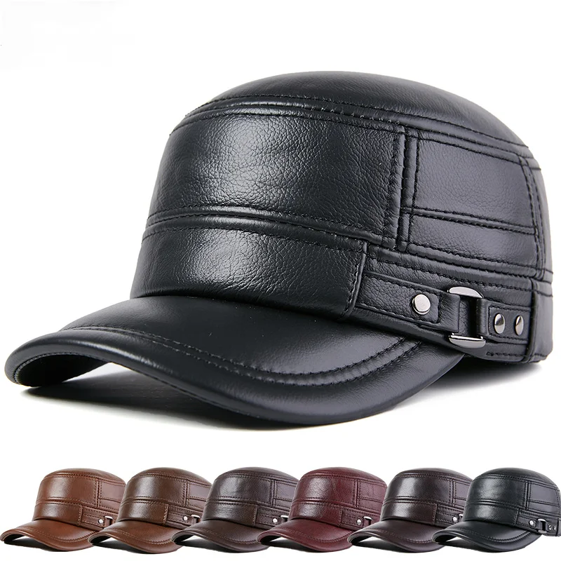 

Natural Cowhide Classic Men Winter Peaked Cap Winter Warm Baseball Cap Adjustable Military Cadet Army Flat Top Hat with Earflap