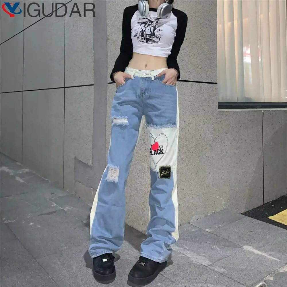 Джинсы-багги расклешенные мужские, брюки из денима с дырками в стиле хип-хоп, потертые рваные расклешенные джинсы в уличном стиле, байкерские сшитые