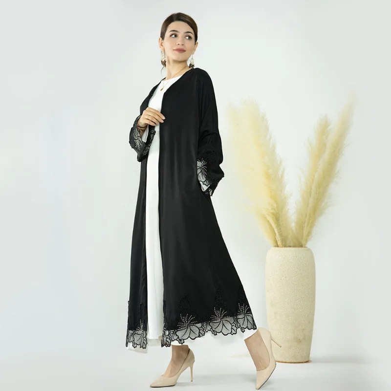 Women's Muslim Abaya Dress, Lace Trimmed Cardigan Robe, Monochromatic, Middle East, Islam, Dubai, Abaya
