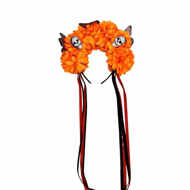 A52E Freundliche Kunststoff-Schädel-Stirnbänder mit künstlichen Blumen, Kostümzubehör für Halloween-Party-Kopfbedeckungen – Detail 9
