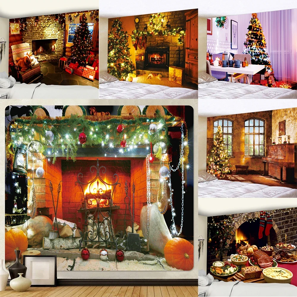 

Christmas Fireplace Art Print Tapestry Tree Wall Hanging Bedroom Living Room Background Cloth