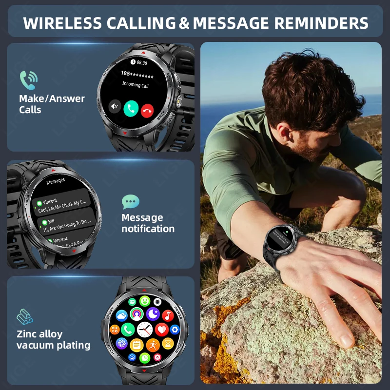 LIGE Military Smart Watch Men 1100mAh Battery Outdoor LED Flashlight Compass Heart Rate Sport Fitness Voice Call 1.7" HD Watches