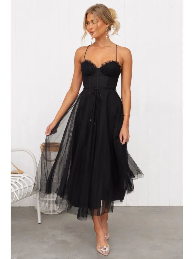 فستان سهرة مثير بدون حمالات شبكي سادة ميدي لربيع و...