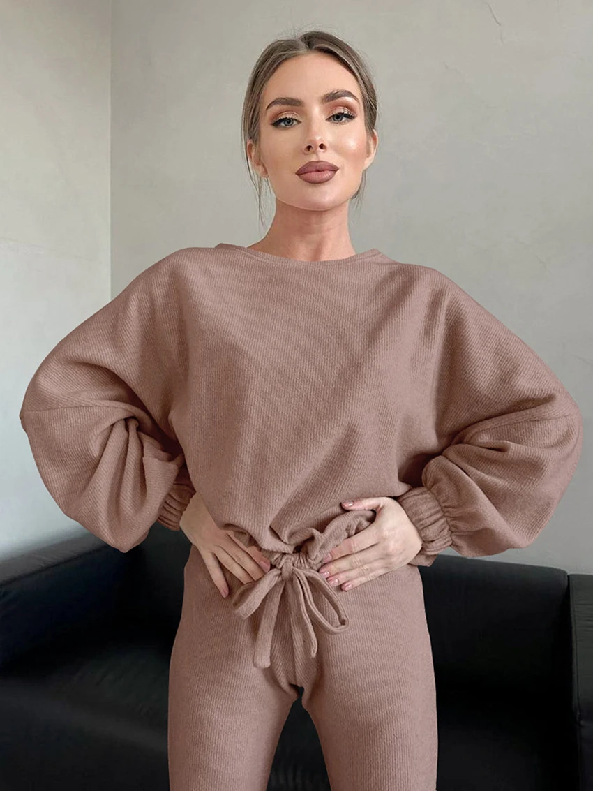 Marthaqiqi Causal Female Sleepwear 2 Piece Set O-Neck Nightwear Long Sleeve Nightgowns Drawstring Pants Loose Women Nightie Suit