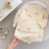 Barboteuse tricotée pour bébé fille de 0 à 2 ans, broderie florale, col à volants, manches longues, combinaison pour enfant en bas âge, printemps-automne 3