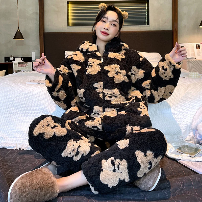 

2022 Couple Little Bear Warm Coral Velvet Home Clothes Men's Jacket Cotton Can Be Worn Outside, Winter Thickened Pajamas Wome