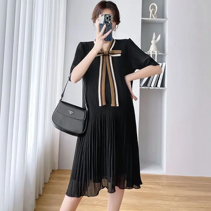 

Fashion O-Neck Loose Solid Color Folds Bow Midi Dress Women's Clothing 2024 Spring Summer Oversized All-match Casual Dresses