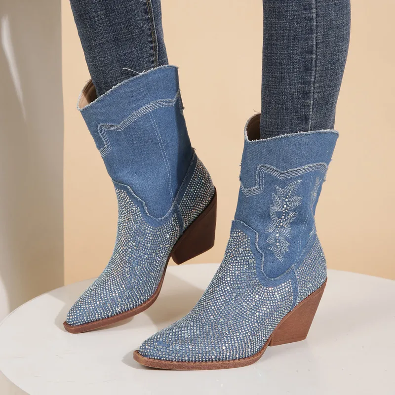 2024-new-fashion-rhinestone-pointed-mid-cap-thick-heel-boots-hot-girl-blue-new-western-cowboy-boots-women