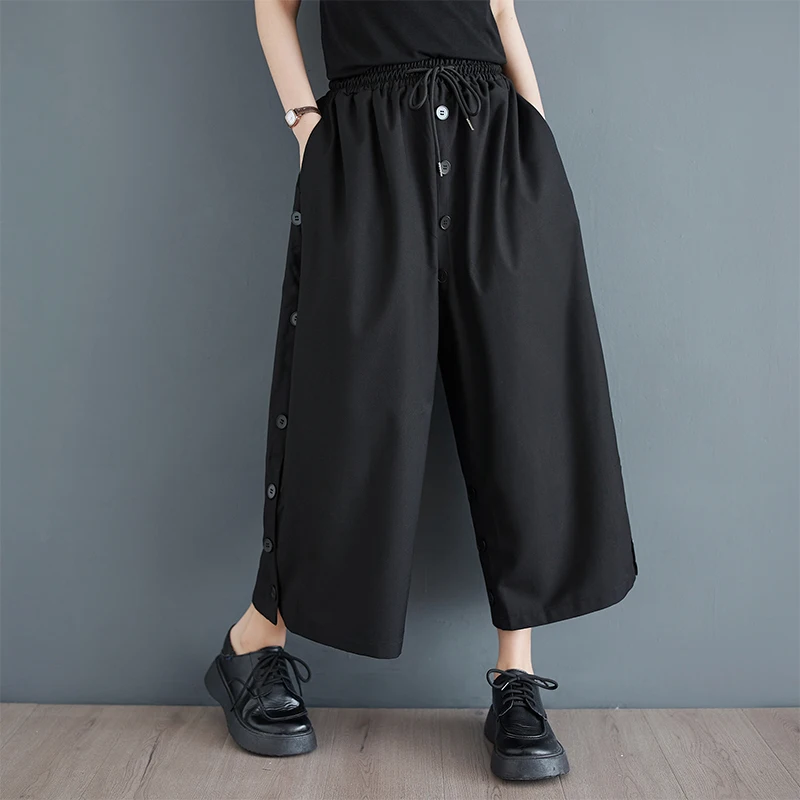 

Japanese Yamamoto Style Button High Waist Chic Dark Black Loose Spring Summer Wide leg pants Street Fashion Women Casual Pants