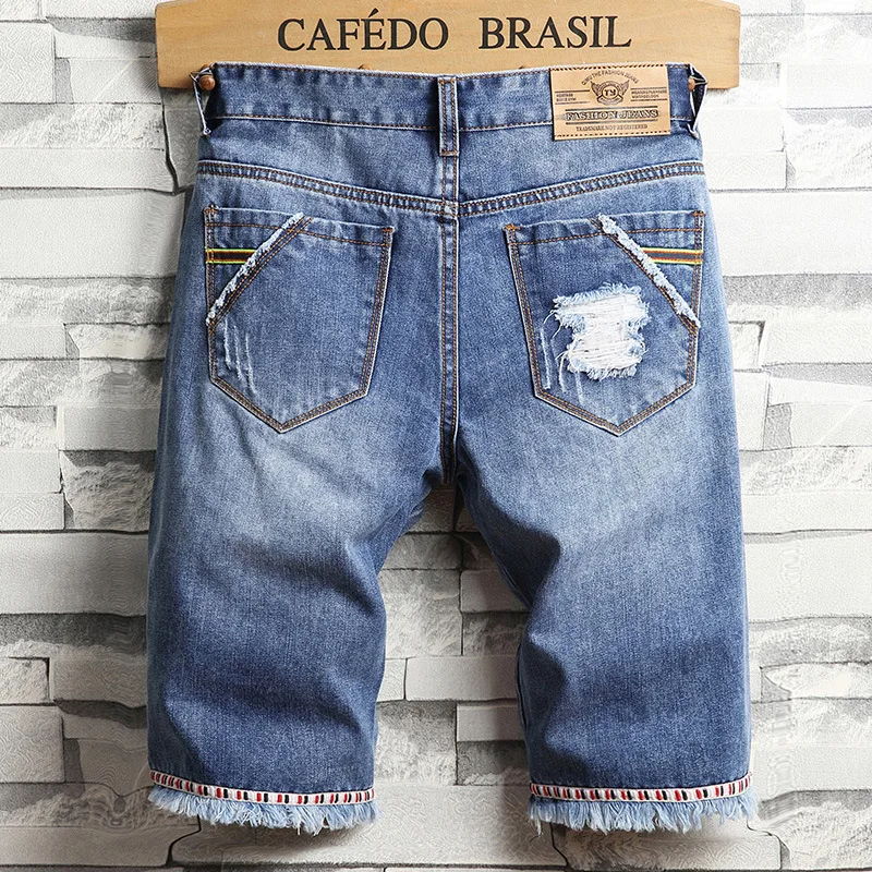 Perforated Metal Pendant Denim Shorts Men Scratched Patch Plaid Pants Cotton Red Ears Breathable Soft Elastic Fashion Summer2024
