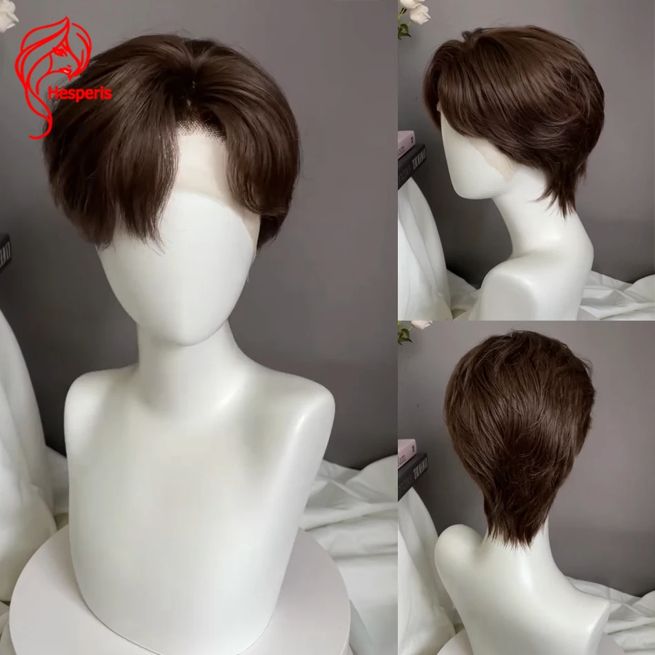 Hesperis Men's Short Pixie Bob Human Hair Full Lace Wigs Brown Color Pre Style Toupee Short Cut Hair Male Wigs Transparent Lace