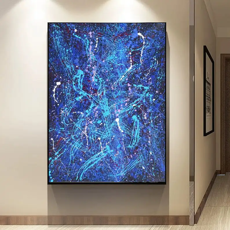 

Original Abstract Painting, Large Interior Art, Blue Black Oil big Painting,Blue Pollock Style Acrylic Textured Art XL Painting