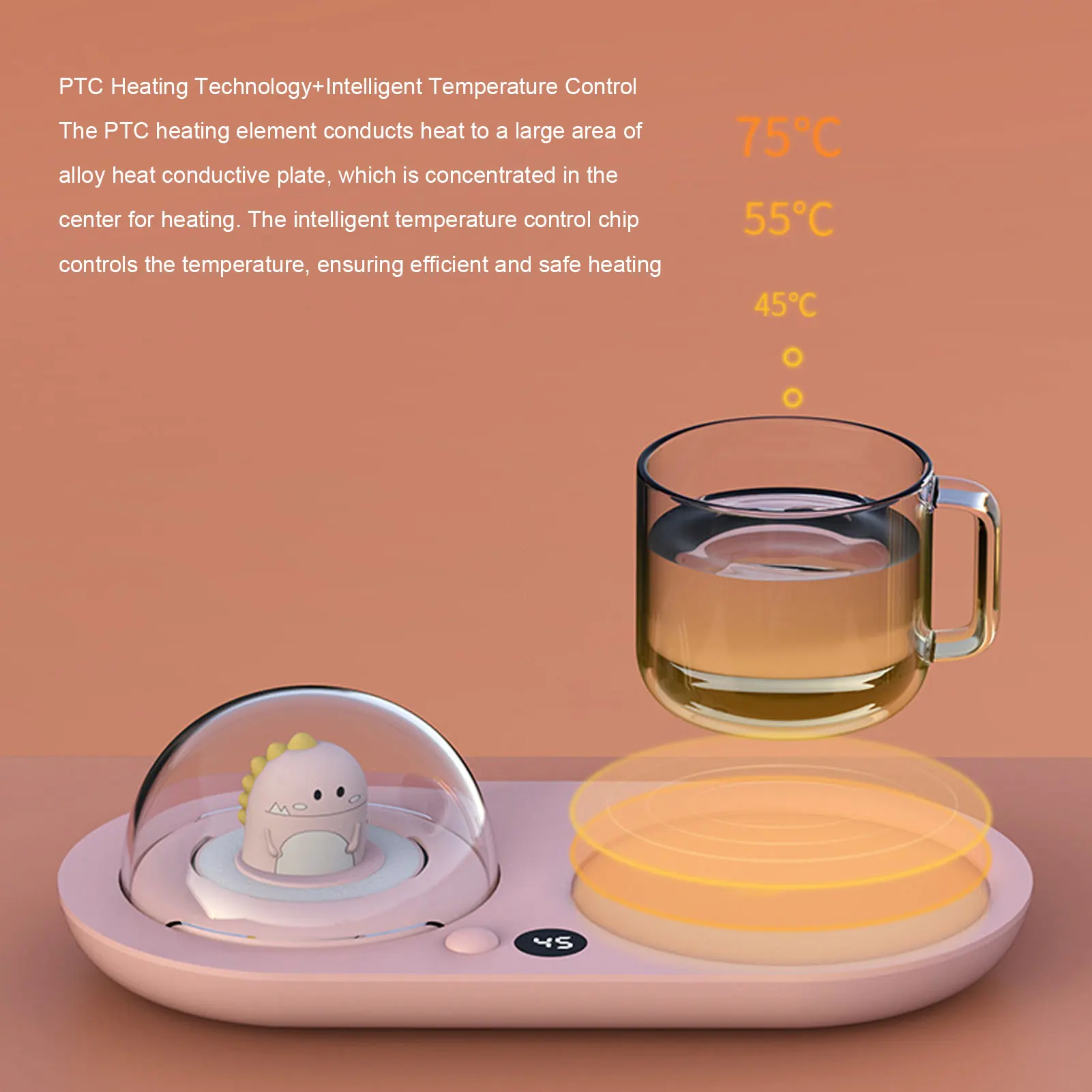 Mug Warmer 20W 3 Temperature Settings Smart Cup Warmer with Cute Dinosaur Night Light Aroma Diffuser 110-220V 6