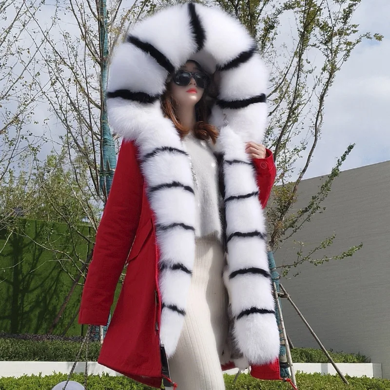 

MAOMAOKONG 2023 Winter Women Real Fur Coat Fox Fur Liner Warm Jacket With Natural Fur Collar Silver Fox Big Collar Long Parkas