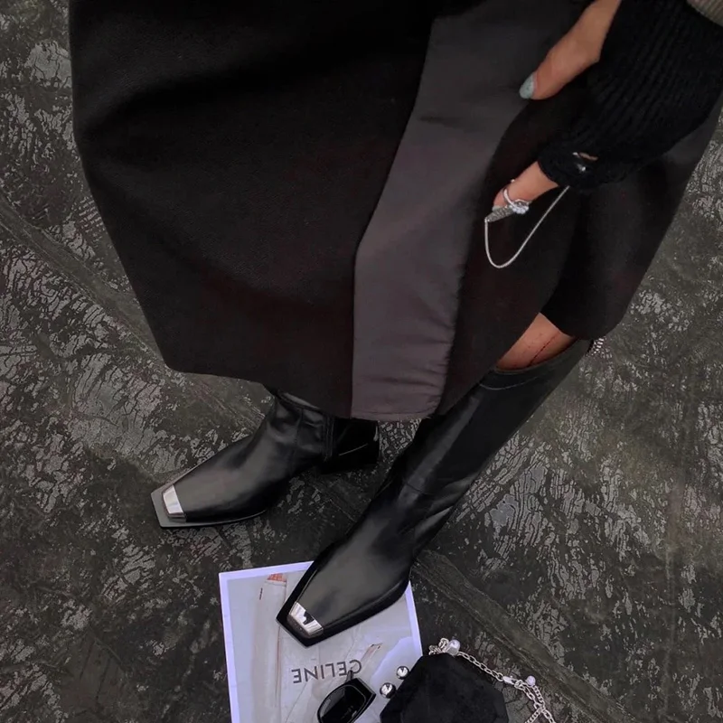 

2023 Spring new square toe chunky heel chain but knee boots handsome knight boots women