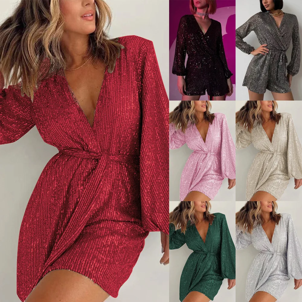 

Golden V Neck Cutout Long Open Sleeve Mesh Sequin Romper Glitter Sequins Overlay Party Club Short Jumpsuit Clubwear