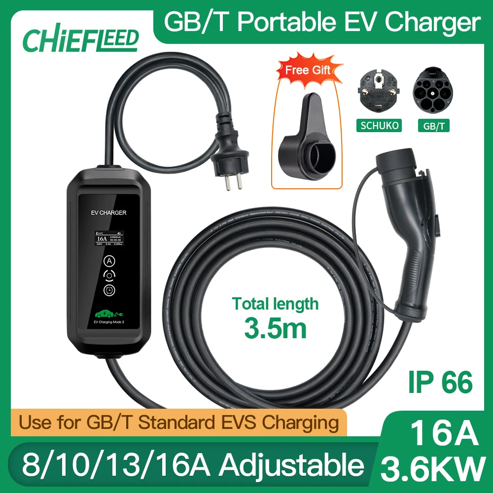 

Chiefleed GBT EV Charger Type1 Type2 3.5m Long 8A 10A 13A 16A Adjustable Schuko Plug for Electric Vehicle Charging 220V~250V