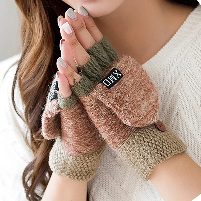 1pair Women's Autumn Winter Warm Fingerless Knitted Wool Writing