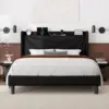 Queen Bed Frame with Charging Station, Upholstered Platform Bed Frame with Wingback Storage Headboard, Solid Wood Slats Support 1