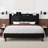 Queen Bed Frame with Charging Station, Upholstered Platform Bed Frame with Wingback Storage Headboard, Solid Wood Slats Support 1