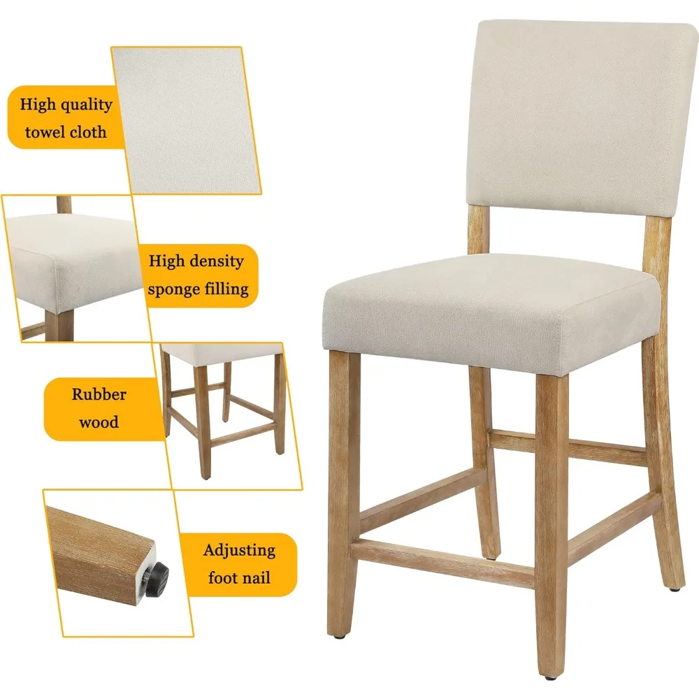 24 inches counter height bar stools set of 2, upholstered barstools with wood legs, island chairs for kitchen counter, towel cl
