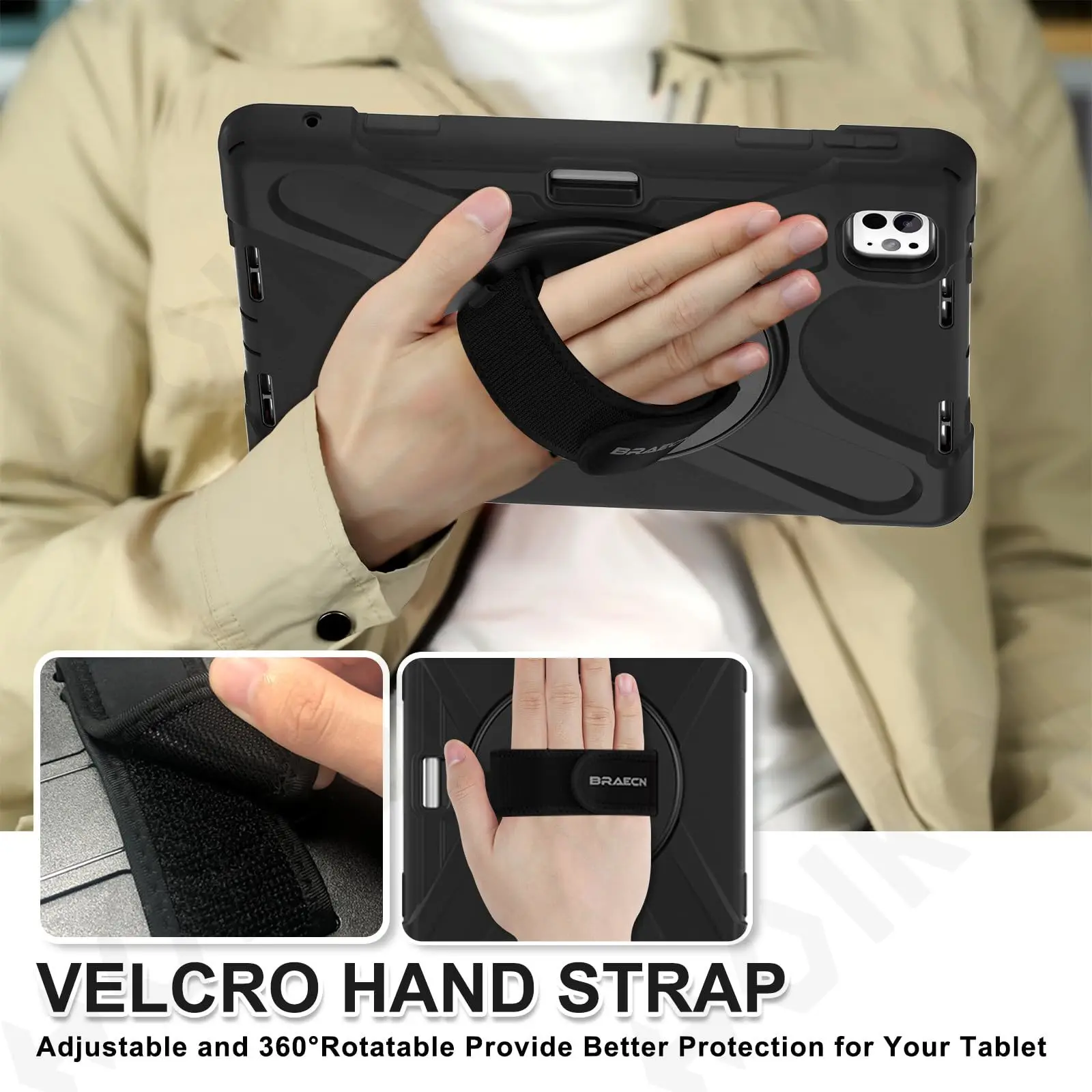 Heavy Duty Rotating Shockproof Tablet Case with Stand and Hand/Shoulder Strap - Black