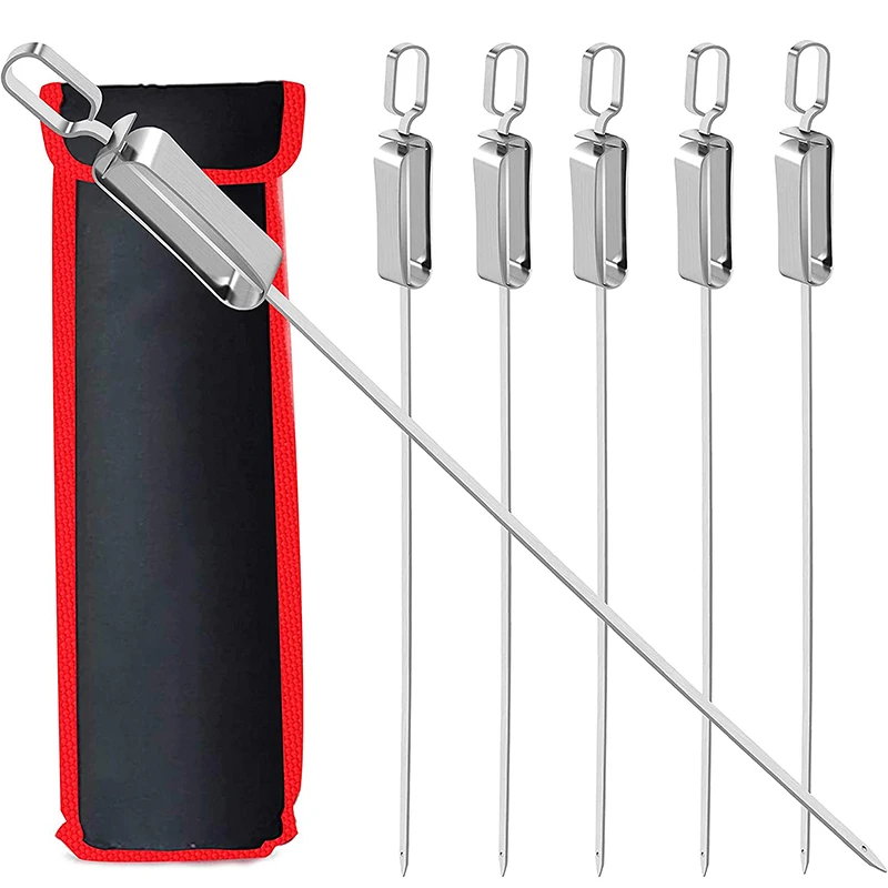 LMETJMA 17inch Kabob Skewers for Grilling Stainless Steel Flat BBQ Skewers with Quick Release Metal Sliding Handle JT45