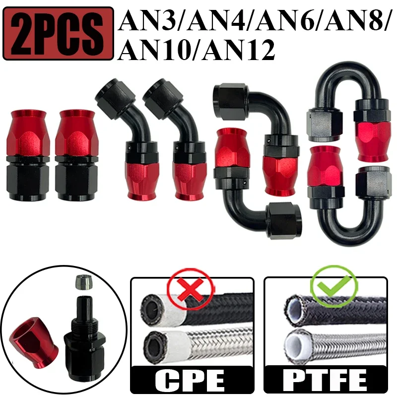 2Pcs AN4 AN6 AN8 AN10 AN12 For Swivel PTFE Oil Fuel Line Hose End Fittings Straight 0&deg;/45&deg;/90&deg;/180&deg; Reusable Hose Pipe Adapters
