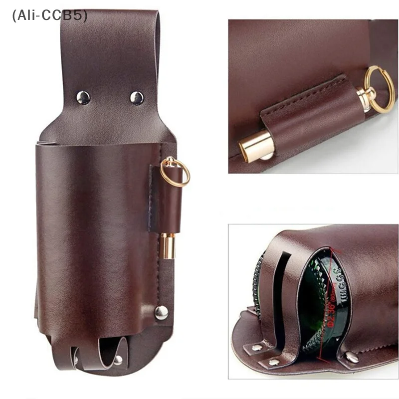Men's Outdoor Hiking Leather Can Beer Sleeve Waist Bag Drink Bottle Protector Cup Holder Belt Bag