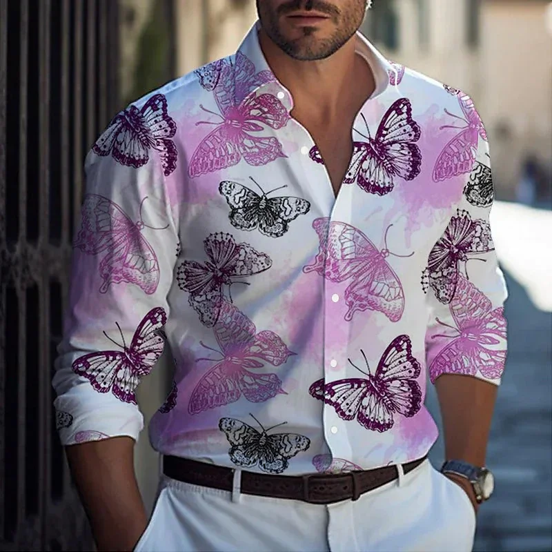 thumbnail image 1 of Camisa de mariposa para hombre 2024 Camisa de manga larga cómoda y suave Camisa de uso diario Diseño de botones de moda Transpirable, 1 of 4