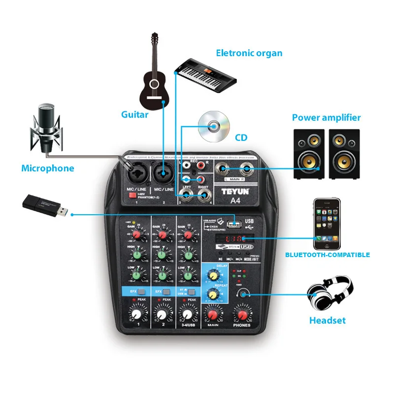 TEYUN Professional 4-channel digital mixing card microphone mobile phone live broadcast computer recording DJ audio equipment |