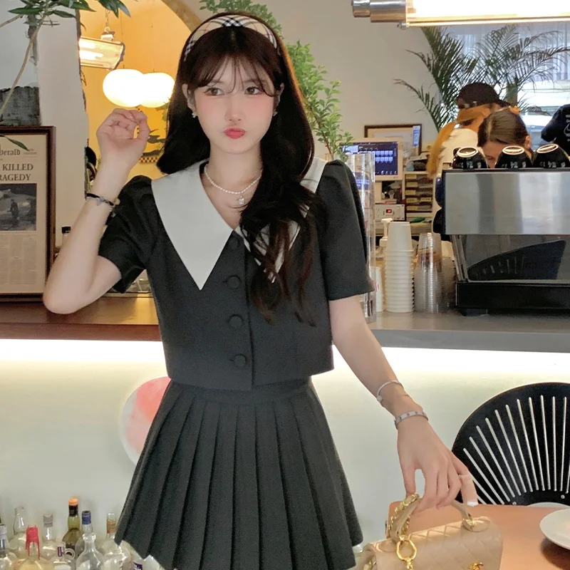 Bigking Daikin Preppy 세트 여성 여름 연령 감소 Jk 유니폼 정장 짧은 소매 스커트 투피스 세트
