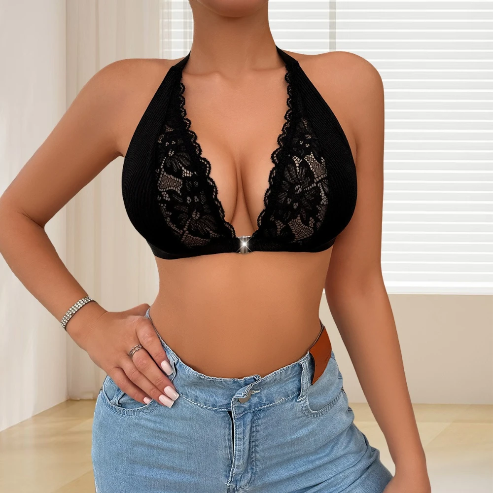 Black Sexy Lace Bra Front Opening Buckle Design Bralette Adjustable Halter Neck Push Up Side Support Beauty Back Underwear