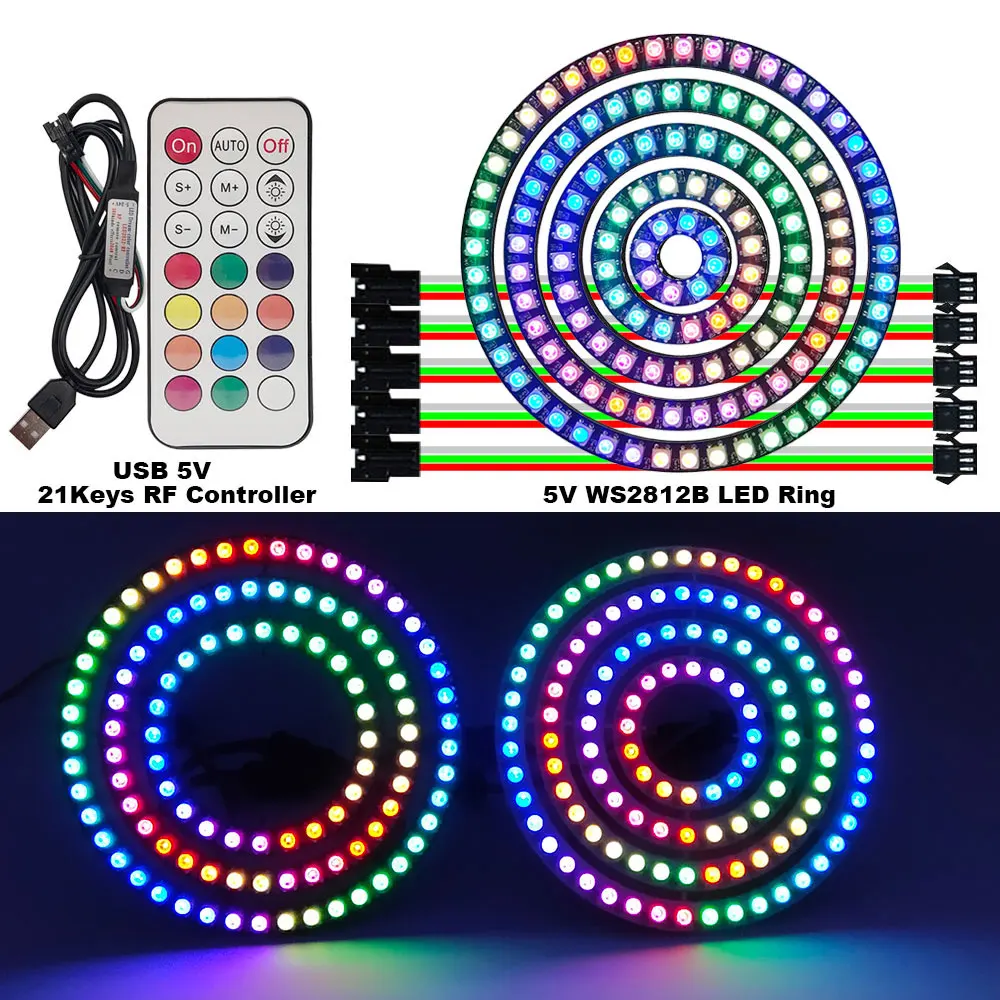 WS2812B  LED Ring Light Black/White PCB+USB5V 21Keys Controller.5V SMD 5050 RGBIC Pixel Full Color LED Light