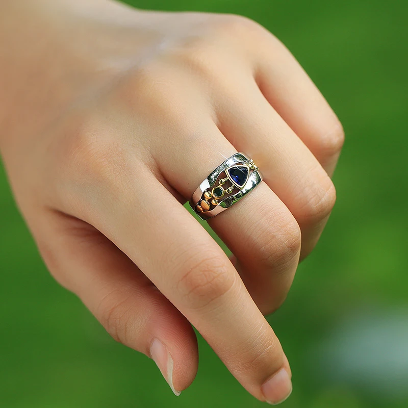 Huitan Two Tone Design Triangular Blue/Green CZ Women Rings - Image 10