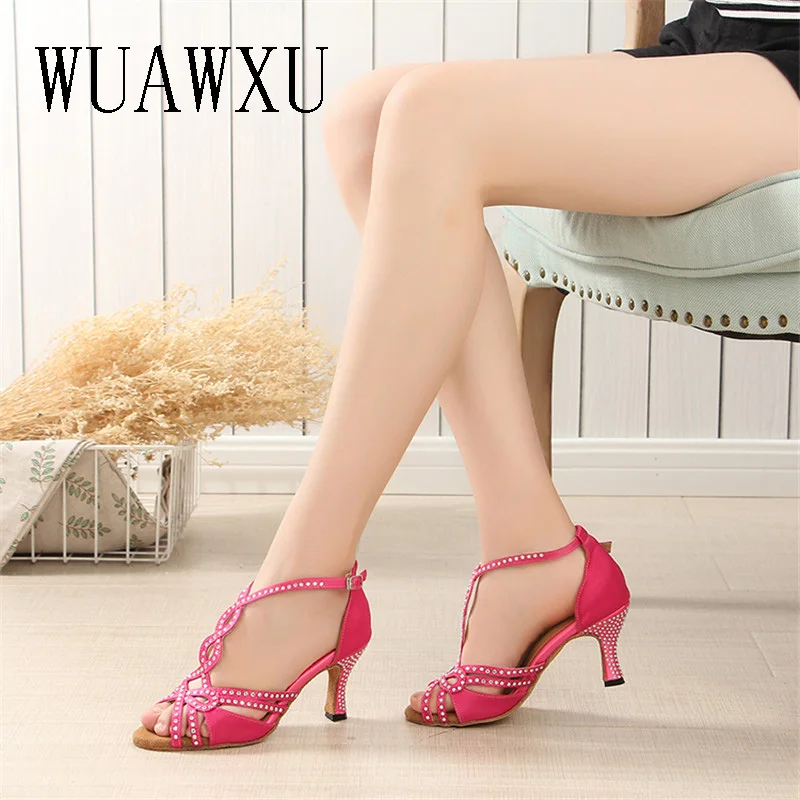 NATASHA2023 Latin Dance Shoes Women's Adult Medium Heel 7.5cm Diamond Rose Red Satin Soft Sole Indoor Dance Shoes Friendship Squ