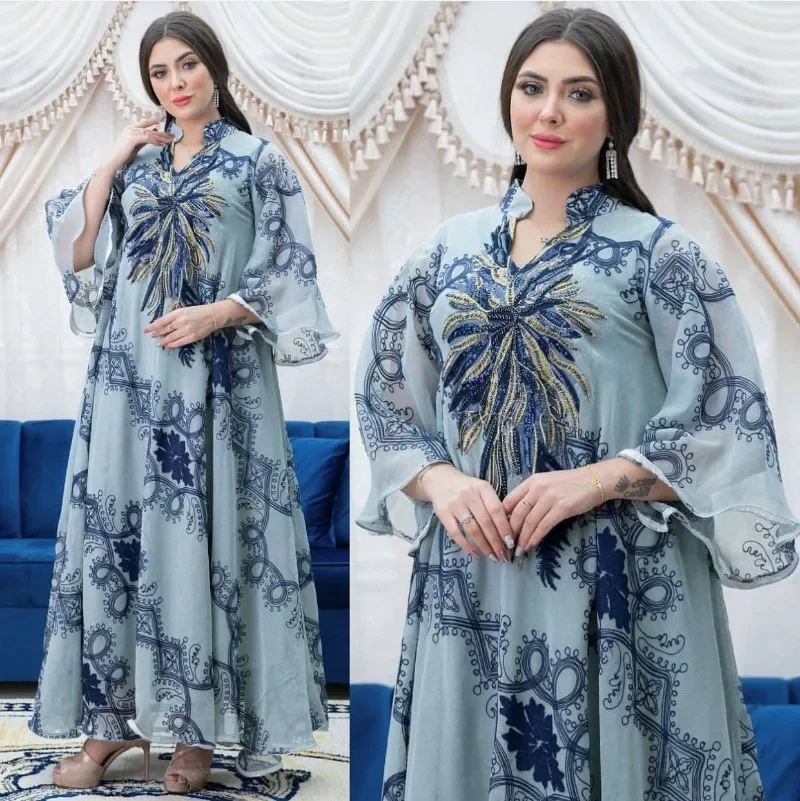 Ethnic Style Women Sequin Burnt Flower Evening Dress Big Swing Dress Vestidos Elegantes Para Mujer Muslim Dresses for Women