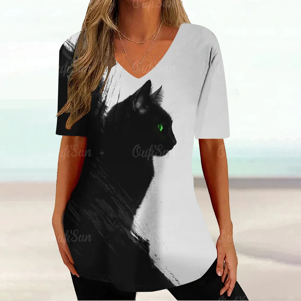 Kawaii Kat Grafische T-shirt Voor Vrouwen Schilderen Print - Main Image