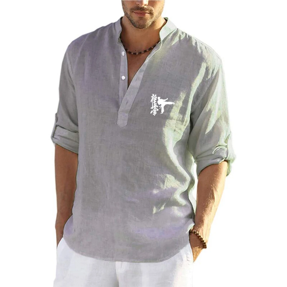 thumbnail image 1 of Camisetas de manga larga holgadas de algodón y lino de alta calidad para hombre, ropa informal de verano con estampado de kárate Kyokushin, moda 2023, 1 of 5