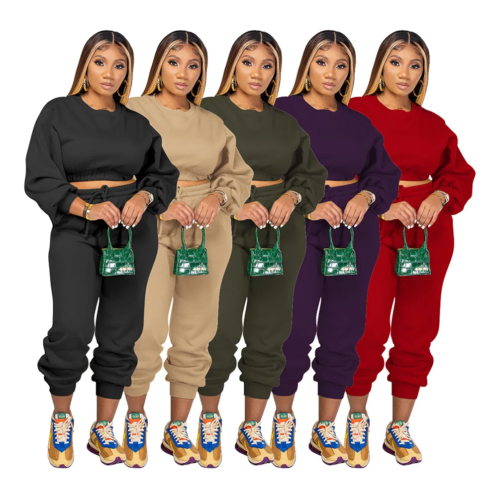 blur kaskade Peck Autumn Winter Two Piece Set Women Tracksuit Round Neck Crop Top Solid Long  Sleeves Sweatshirt And Casual Sweatpants Suit Female