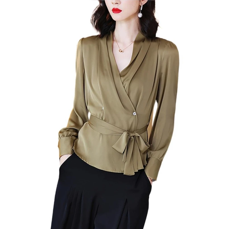 

2023 New Autumn Solid Satin V-neck Long Sleeve Top with Waist Fold Lace Up Shirt Design Fashion Shirt for Women blusas feminina