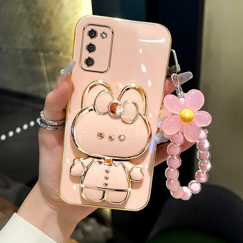 3D Rabbit Kickstand Electroplated Soft Wrist Flower Phone Case Cover
