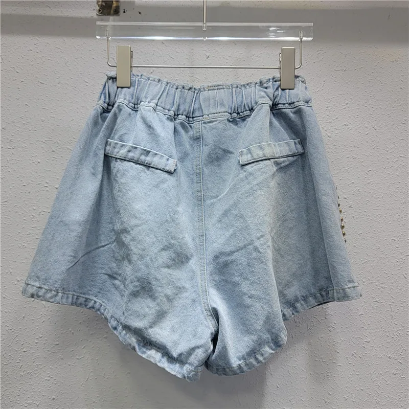 New Arrival Heavy Industry Beads Color Diamond High Waist Jeans Shorts Women Loose Slimming Casual Denim Shorts Summer Bottoms
