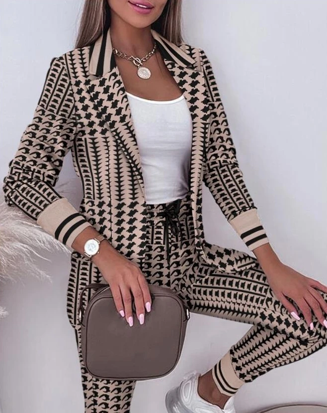 

Elegant Womens Two Piece Sets Outfit Printed Long Sleeve Suit Pants Set 2023 Autumn Winter Spring New Fashion Casual