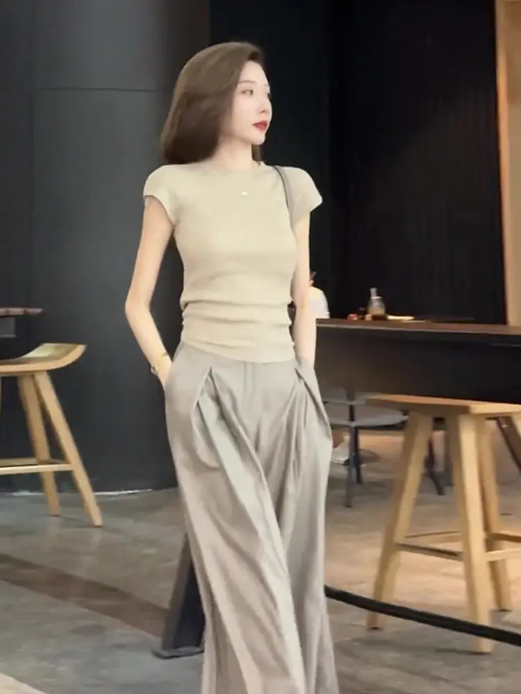 2023 Summer Individualized Women's Clothing Temperament High Sense Royal Sister Top Wide Leg Pants Casual Fashion Two Piece Set