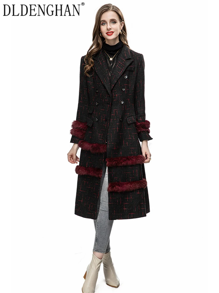 

DLDENGHAN Early Autumn Coat Women Turn-down Collar Double Breasted Pockets Feather High Street Outwear Fashion Designer New