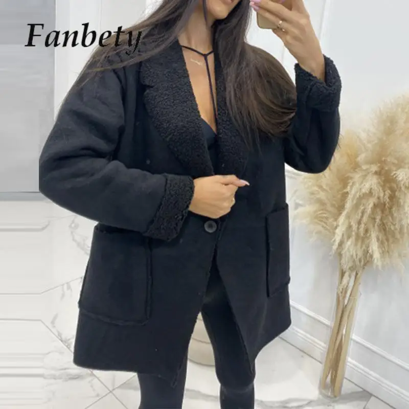 

Casual Women Solid Long Sleeve Lapel Outwears Winter Fall Wool Fleece Coats Tops Women Chick Thickness Lambwool Warm Jackets