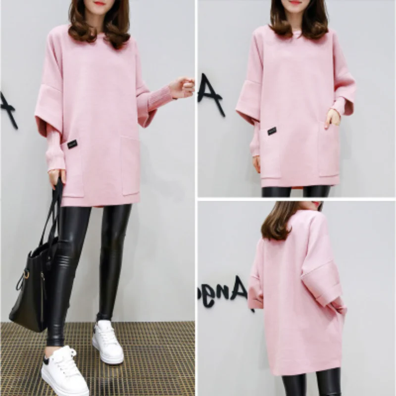 Round Neck Pullover Loose Medium Long Sleeve Sweater Women Fake Two Piece Underlay